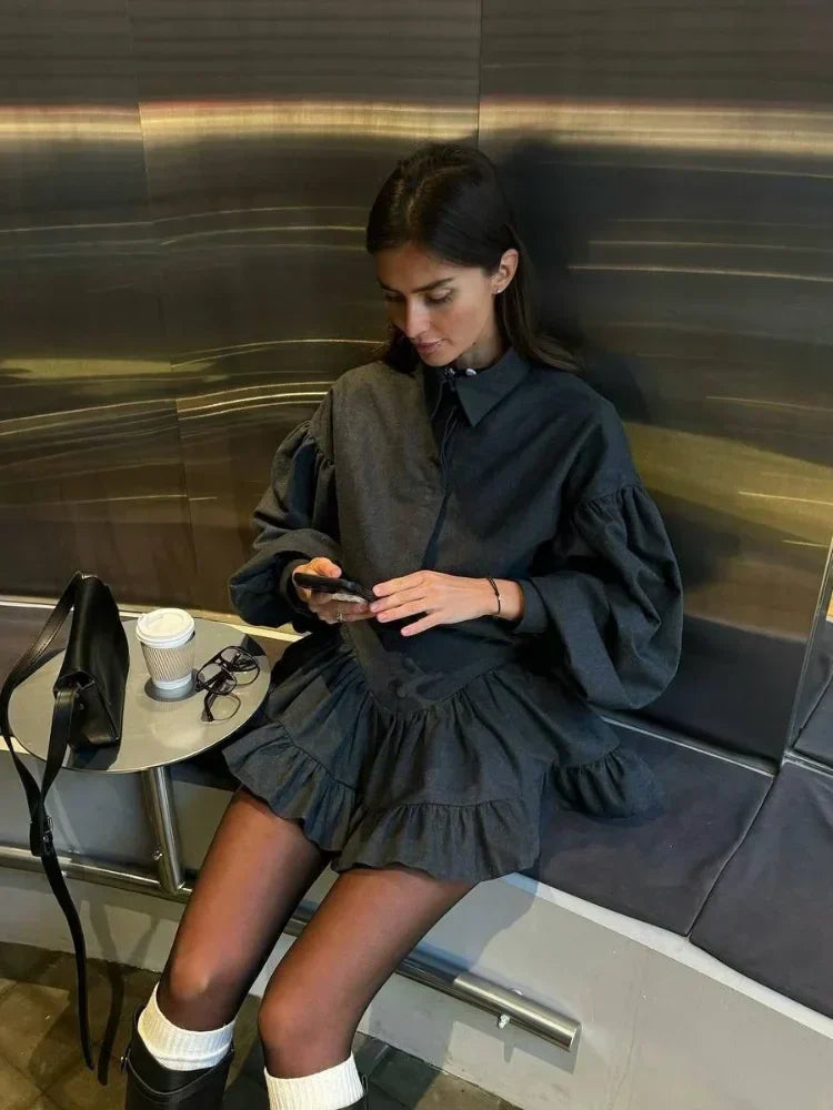 AURORA | Lantern Sleeve Shirt and Ruffled Skirt Set